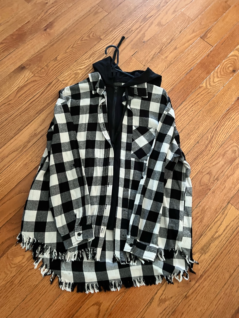 Black & White Buffalo Plaid Bomber Jacket with Hooded Layer